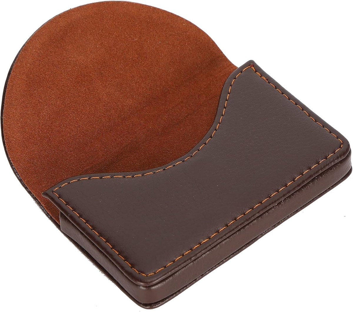 SnelShoppen - Half Ronde Visitekaartjeshouder, Antislip Leer, Voor 15-20 Visitekaartjes, Mini Portemonnee, Bruin, 10 x 6,3 x 1,5 cm
