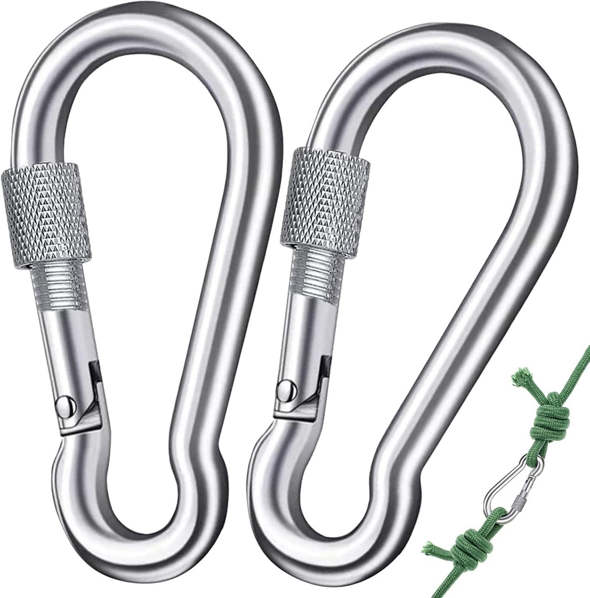 SnelShoppen - 2 x Jump Karabijnhaak met Sluiting voor Robuuste M8 Karabiner | Met Schroefdop, Draaiend, 304 RVS Karabiner voor Bergbeklimmen, Kamperen