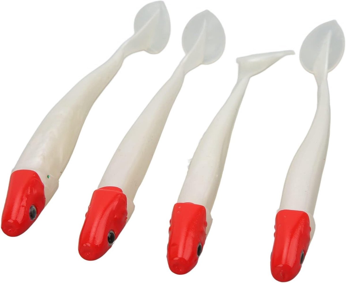 SnelShoppen - T-Tail Lures Set van 4 Zachte Siliconen Lures voor Vijvervissen - Lichtgewicht, Rood Hoofd Witte Lijf, Perfect voor Onderwater Vissen