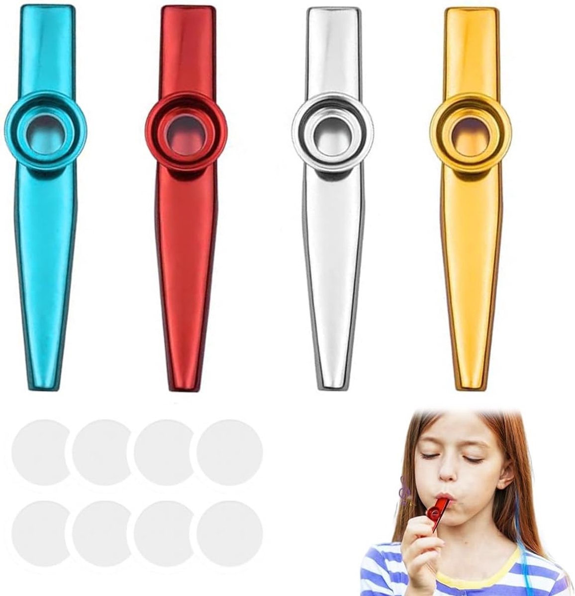 SnelShoppen - Kazoo Instrumenten 4 Stuks Metaal voor Kinderen Feestelijke Neusfluit als Begeleidingsinstrument voor Gitaar en Viool - Kleur: Goud, Zil