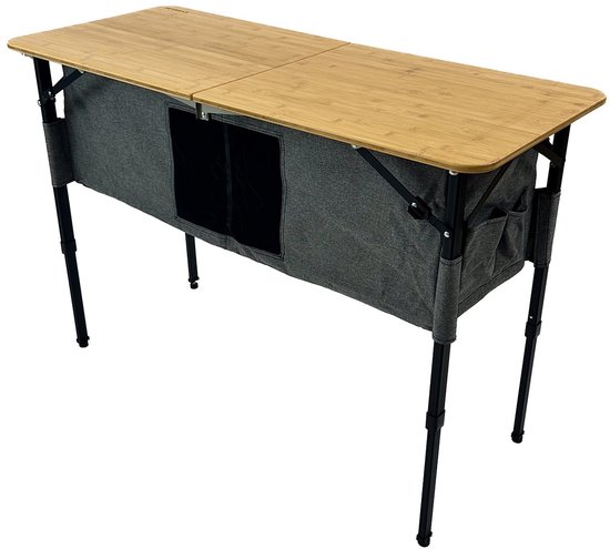 EveBase Flex 120 - Campingkast - Inklapbare Campingtafel met Opbergruimte - Verstelbaar - Bamboe - Grijs/Zwart — afbeelding 4