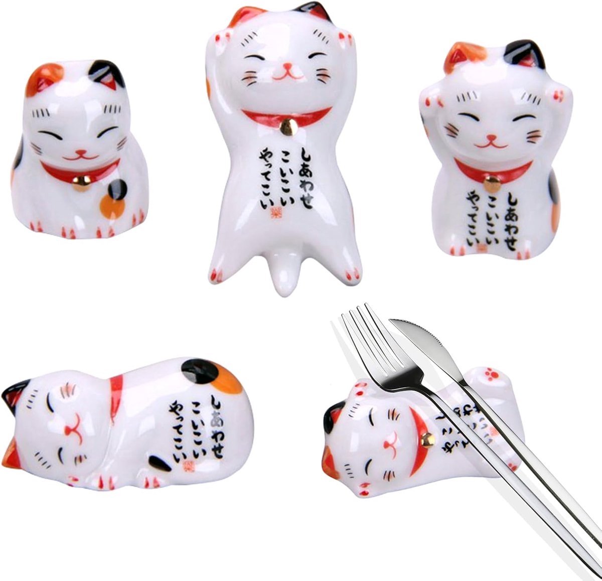 SnelShoppen - 5-delige set Keramische Lucky Cat Chopstick Houders - Japans Design - Originele Decoratie voor Keuken en Eettafel - Wit met Schattige Ka