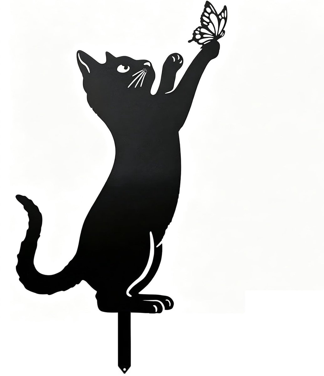 Omgoods - Tuinsteker van Metaal met Kat en Vlinder Design