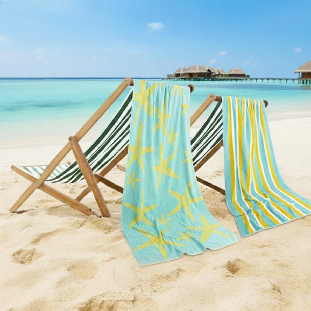 Omgoods - Set van 2 Katoenen Strandlakens 76x152 cm - Strepen Turquoise en Geel