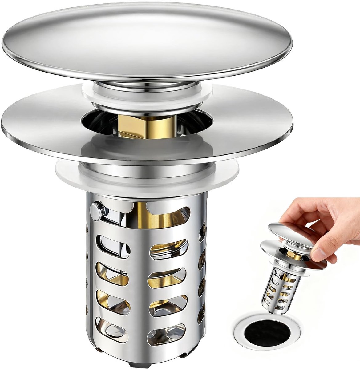 Omgoods- Afvoerstop Universeel - Pop-Up Mechanisme - Verstoppingswerend Messing Filter - Voor Wastafel/Bidet/Bad - Inclusief Pakkingen - Diameter 30-55mm - Afvoerplug