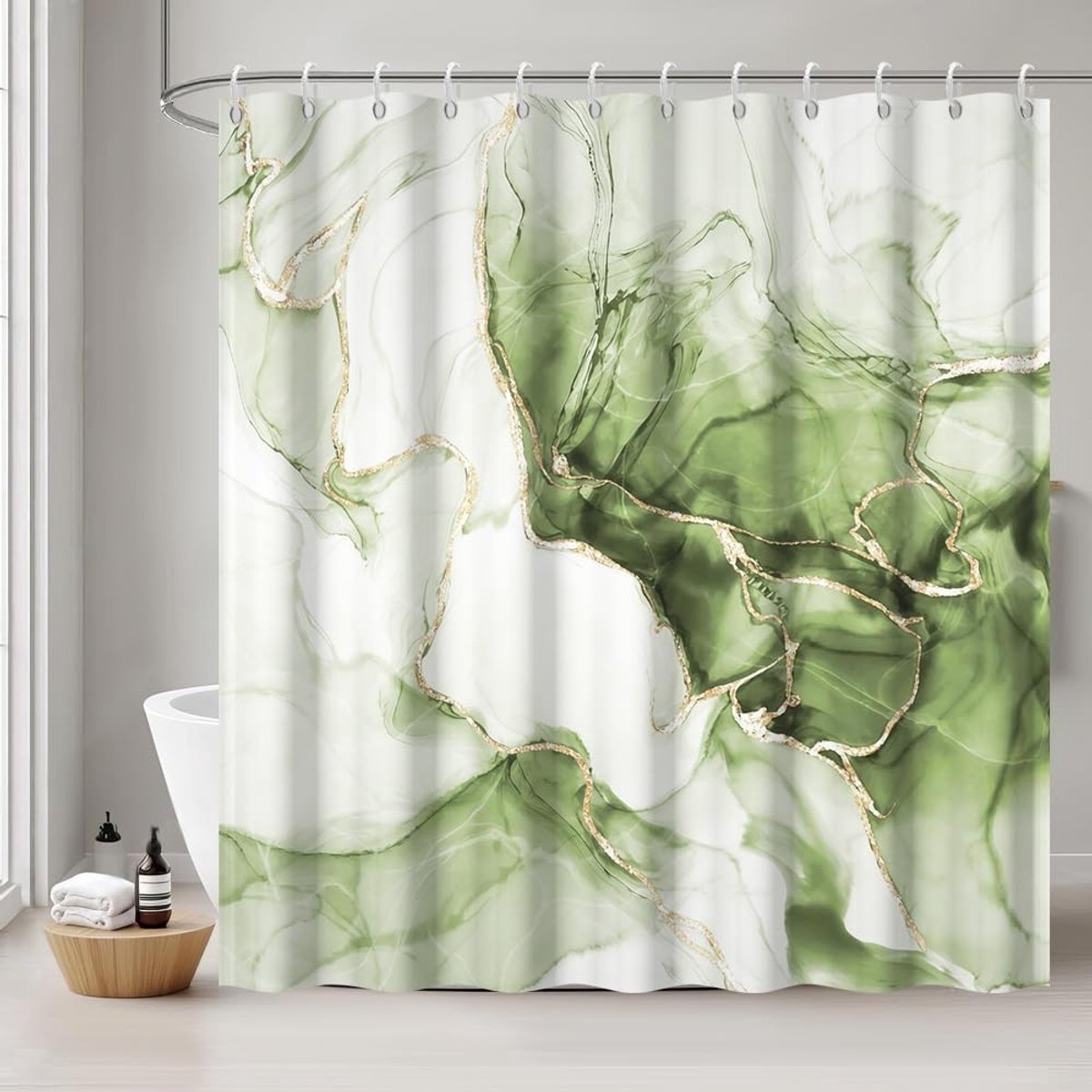 Omgoods - Douchegordijn Schimmelwerend 180 x 220 cm - Saliegroen met Marmereffect