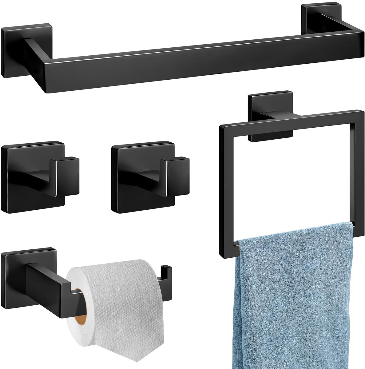 Omgoods - 5-Delige Badkamer Accessoires Set - RVS 304 - Zwart - Zonder Boren