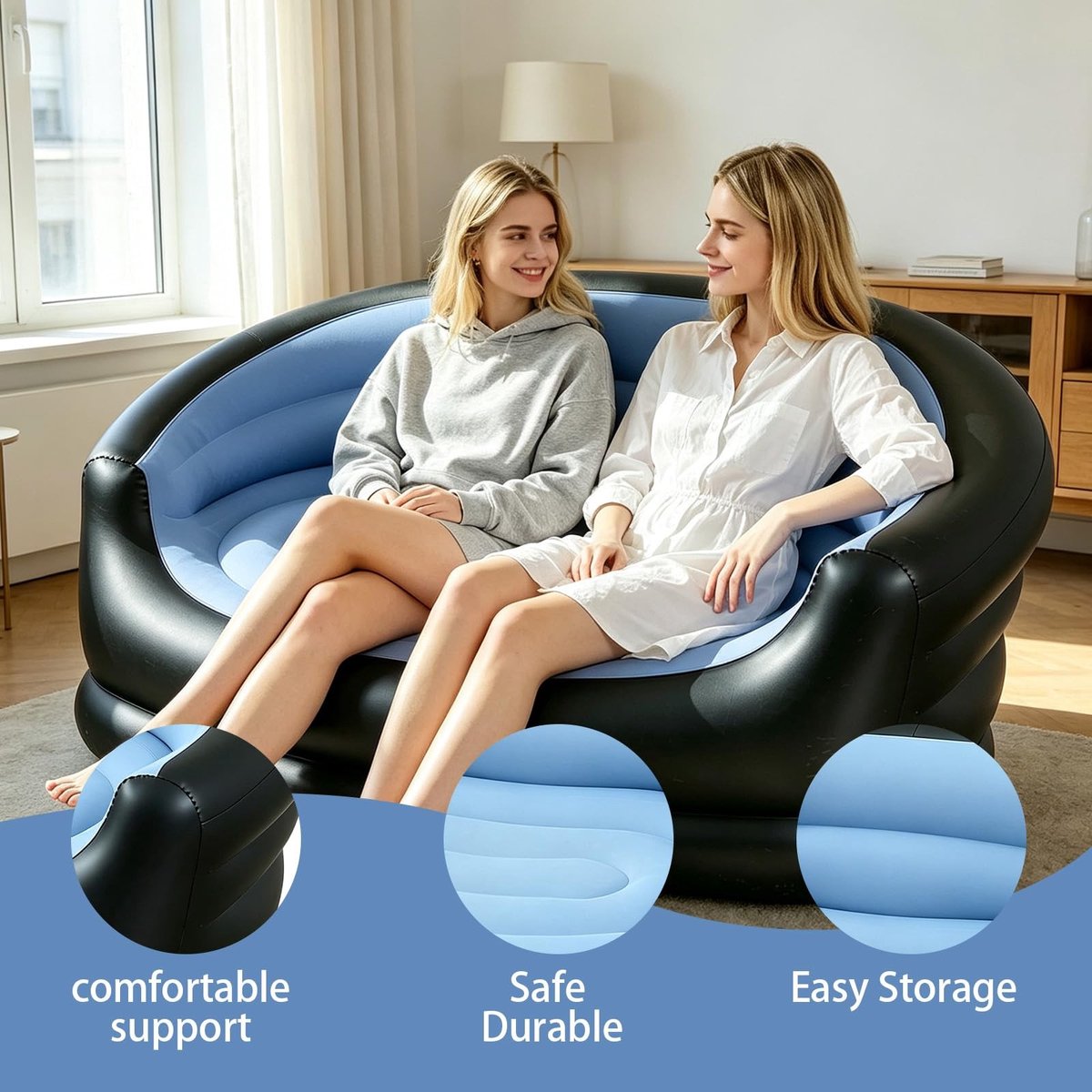 Omgoods - Opblaasbare 2-Zits Sofa met Voetpomp in Blauw voor Binnen en Buiten