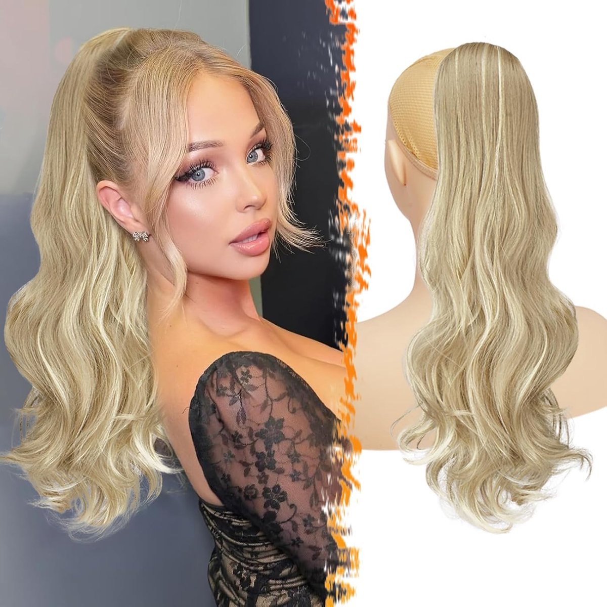 Paardenstaart Extensions met Trekkoord, 50cm Golvende Kam Clip in Paardenstaart Haarverlenging voor Vrouwen Synthetische Natuurlijk Kijken Ponytail Haarstukje - Licht Asblond Highl
