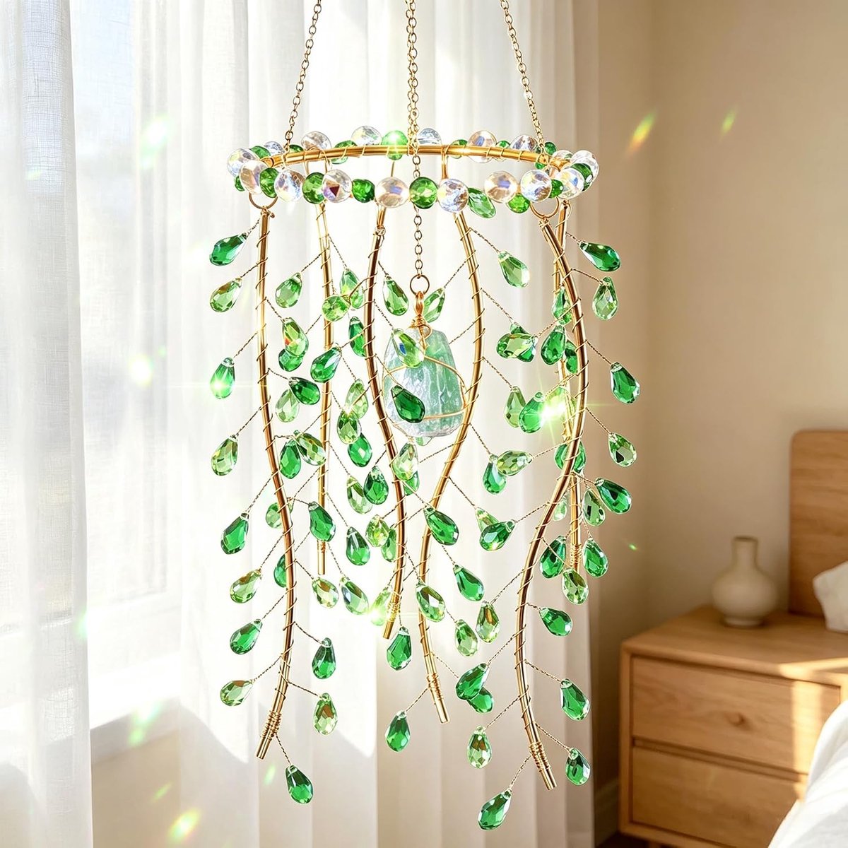 Groene zonnevanger, kristal, raamdecoratie, hangend, helende kristallen, kwarts, hanger, prisma, lichtvanger, windspel, suncatcher, dopamine, decoratie voor balkon, tuin, raam, cadeau voor