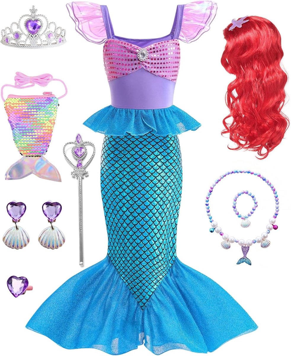 prinsessenkostuum voor meisjes en kinderen, glitterjurk met accessoires van 3-10 jaar, voor Kerstmis, verjaardag, wereldboek, cosplay