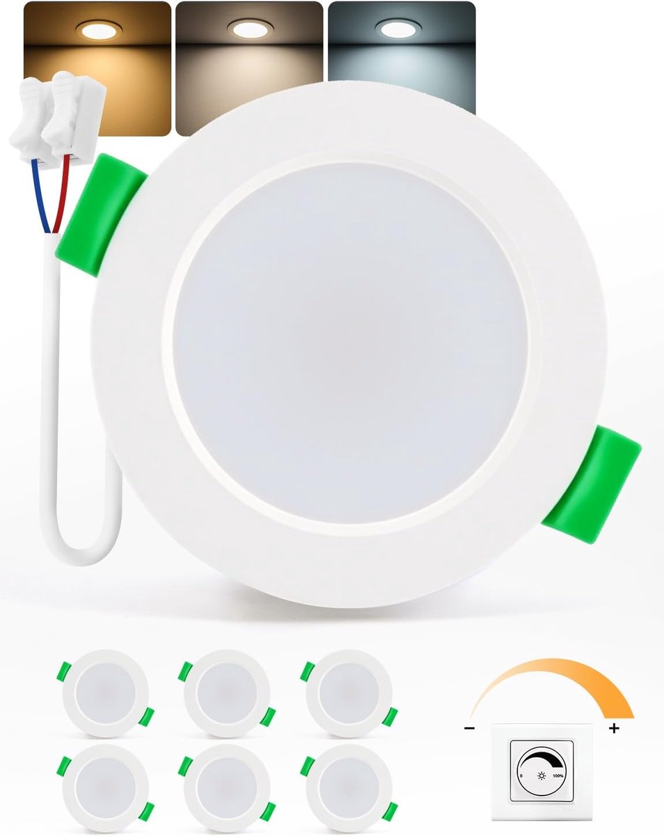 Led-inbouwspot, 230 V, dimmer, ledspots van 4 W, 55 mm - 68 mm, warmwit, neutraal wit, koudwit, plafondspot, plat, draaibaar, voor badkamer, Set van 6