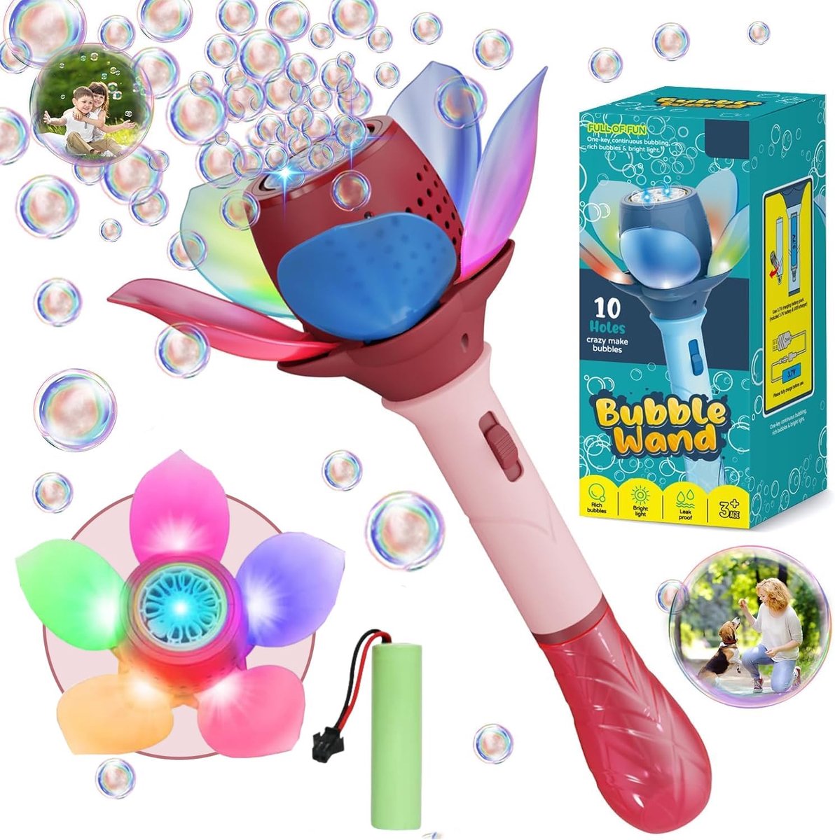 bellenblaasstaaf, bloemenbellenmachine voor kinderen, 10.000 + luchtbellen/min met zeepbellenoplossing/accu/licht voor cadeau/outdoor/feest/bruiloft, bellenblaasspeelgoed