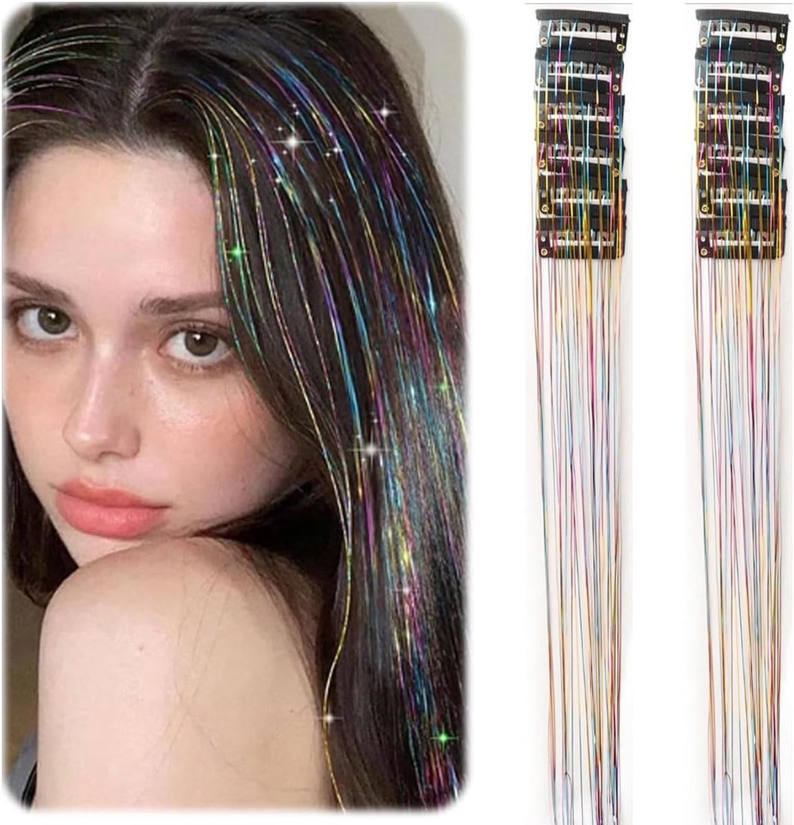 12 stuks glitter haarstrengen lametta, haarsnoeren, tinsel haarextensies, glitter meisjes, accessoires, feesthighlights, haarstrengen om in te vlechten, haarstukje met clip voor meisjes en