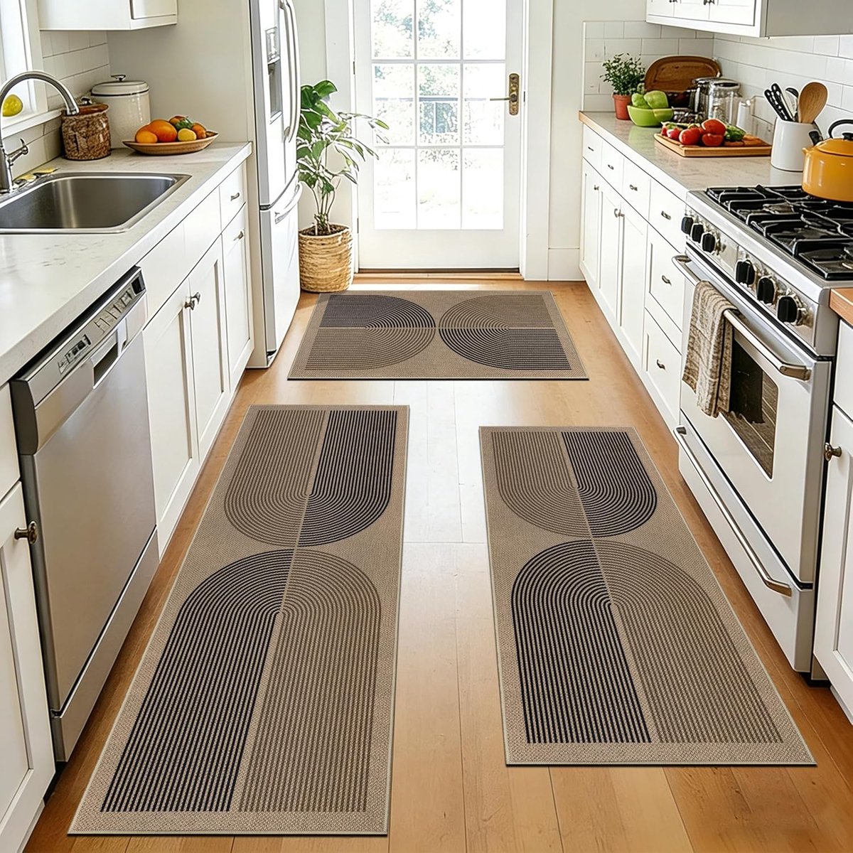 Keukentapijten, sets van 3 antislip jute-look, keukentapijtset wasbare boho keukentapijtlopers en -matten, zwart/bruin keukentapijtloper, vloertapijt voor wasgoed, hal, (50 x 80 cm + 50 x 120