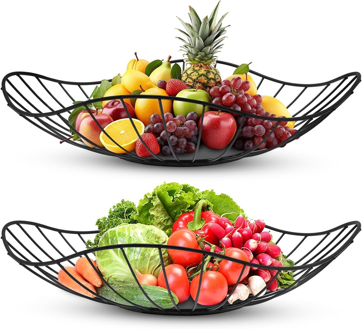 Fruitmand van metaal, zwart, 2 stuks, fruitmand, bladvormig design voor fruit, brood, decoratie, luchtige en elegante mand voor keuken, eetkamer, woonkamer
