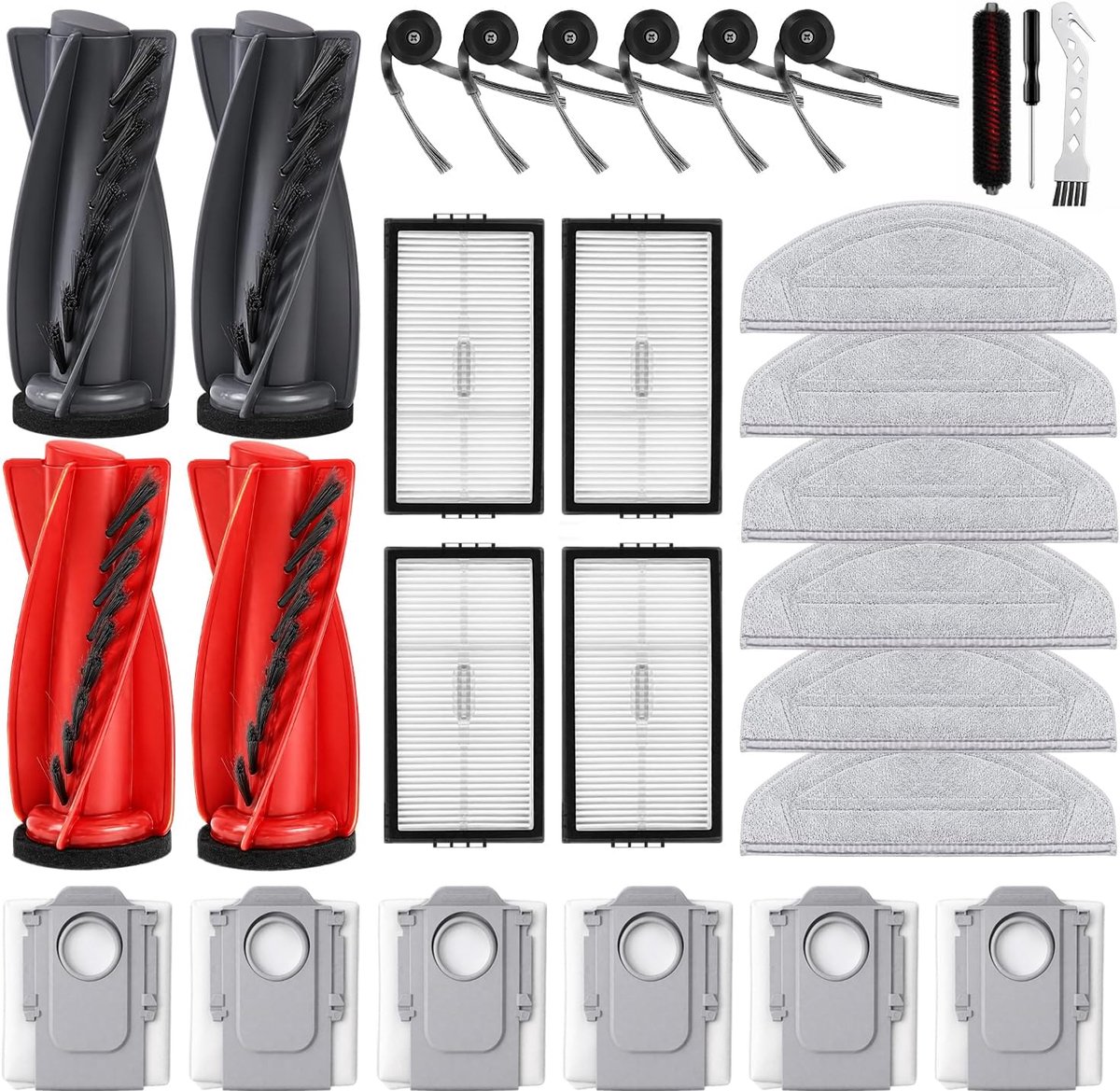 29-delig accessoireset voor Roborock Saros 20 Sonic robotstofzuiger met 2 paar hoofdborstels, 6 stofzakken, 6 dweilpads, 4 filters, 6 zijborstels, 1 reinigingsborstel, 1 schroevendraaier, 1