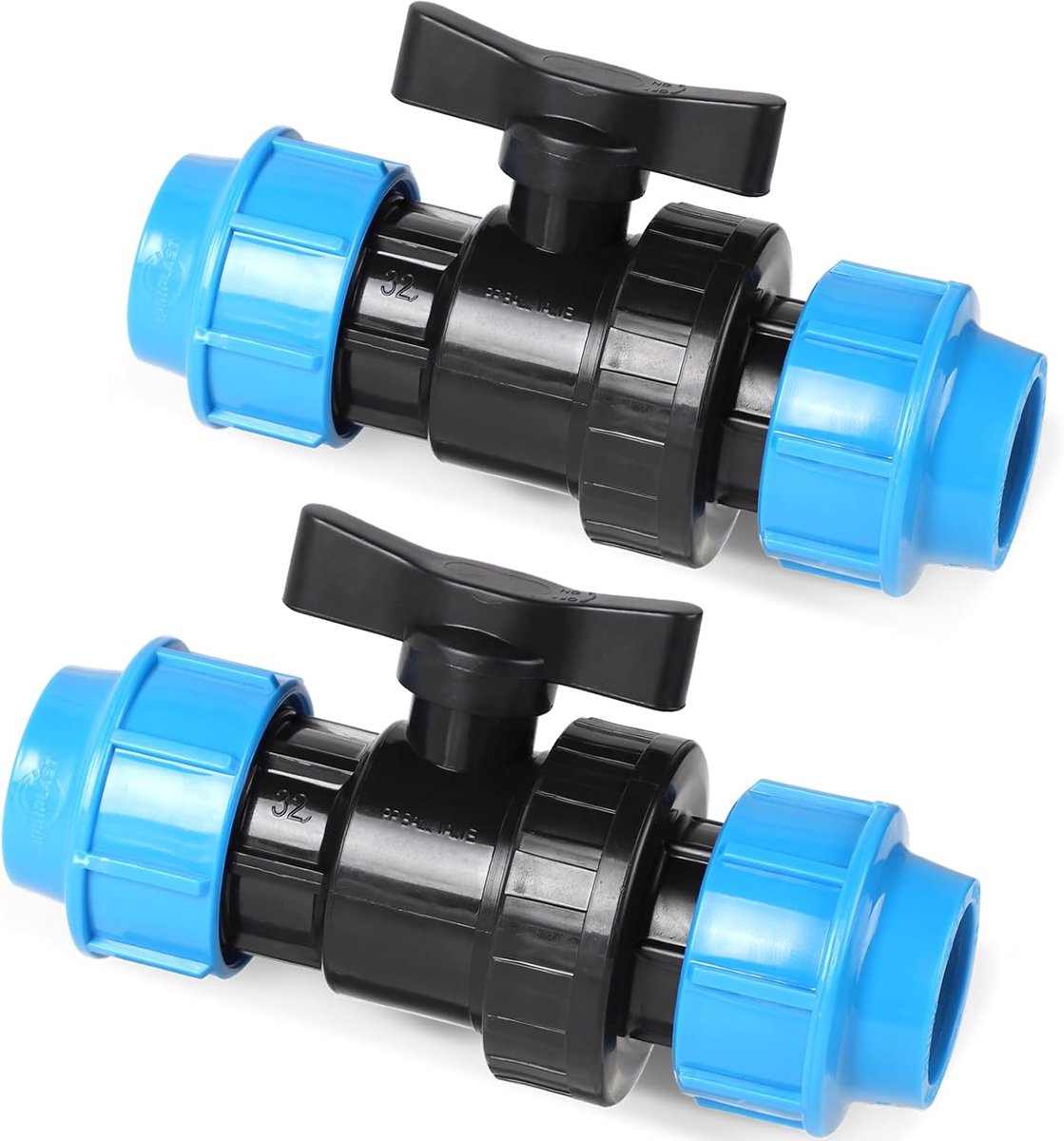 2 stuks kogelkraan voor PE-buis kunststof PP-fitting schroefverbinding aanvoerbuis connector afsluitventiel voor PE-buis PE buis, schroefverbinding, 32 mm