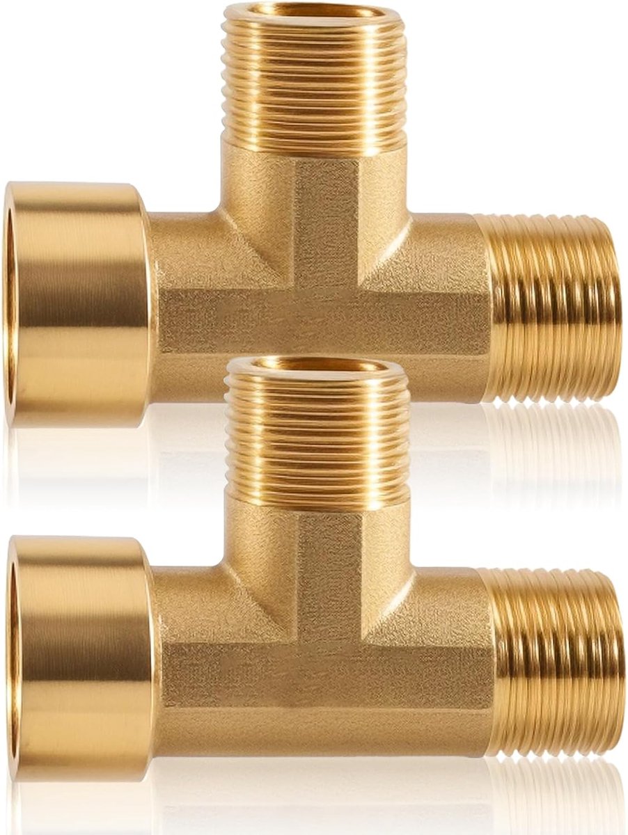 2 stuks T-stuk messing 3/8 inch, messing T-stuk 90° AG/AG/IG, 3-weg T-verbindingsstuk, 3/8 inch BSP vrouwelijke buisschroefverbindingen, DN10 T-wateraansluiting voor verdeler drinkwater geschikt