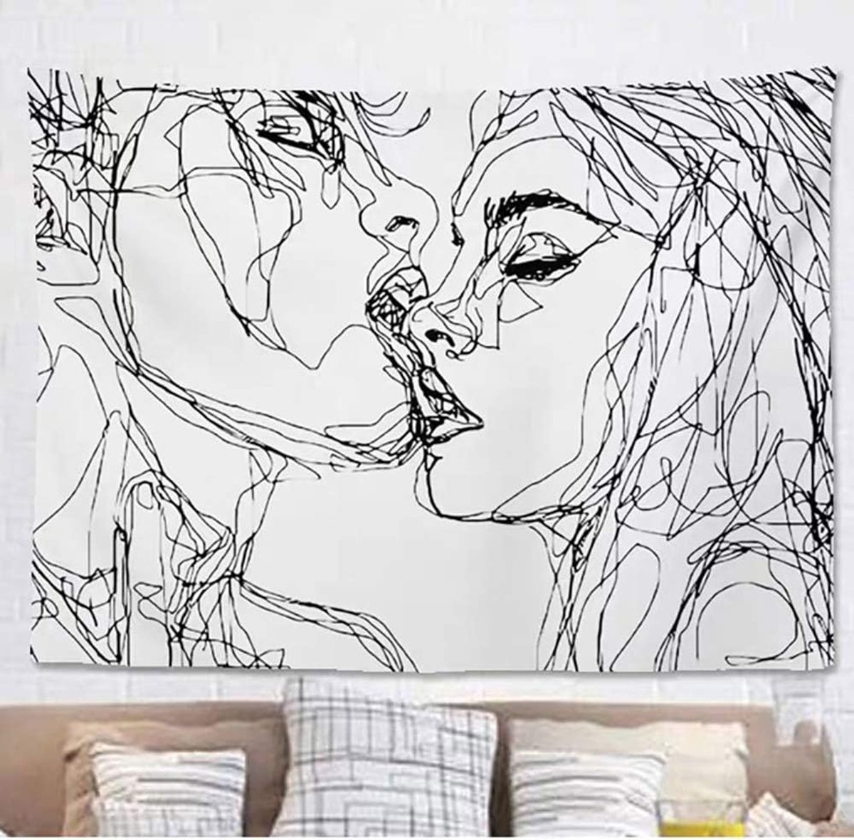 Schets Kiss Lovers Tapestry Wandophanging,Mannen Vrouwen Paar Zoenen Abstracte Schets Art Achtergronddoek Zwart Witte Lijn Kunst Wanddecoratie voor Woonkamer, Slaapkamer, Slaapkamer, 150x200cm