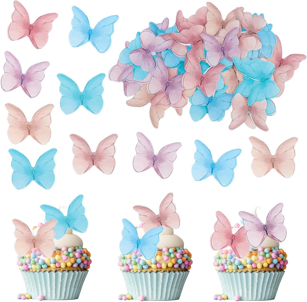 Eetbare Vlinders voor Taart - 48 Stuks Kleurrijke Taartdecoratie voor Verjaardag en Bruiloft - Cupcake-Topper | Eetpapier vlinders, decoratie voor verjaardag, eetbare taartdecoratie, vlinder, cupcake-topper voor bruiloft, verjaardag