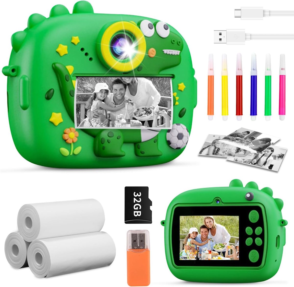 kindercamera Sofortbildkamera, 2,4 Zoll Digitalkamera Kinder, Dinosaurier VideoKamera Kinder 1080P HD, Sofortdruck von Fotos, mit 32G Karte und 3 Rollen Druckpapier, Geschenk für 3-14 Jahren
