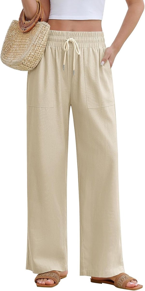 Linnen broek voor dames, lichte zomerbroek, brede elastische taille, effen, joggingbroek, zomer, strandbroek, vrijetijdsbroek, stoffen broek met trekkoord en zakken