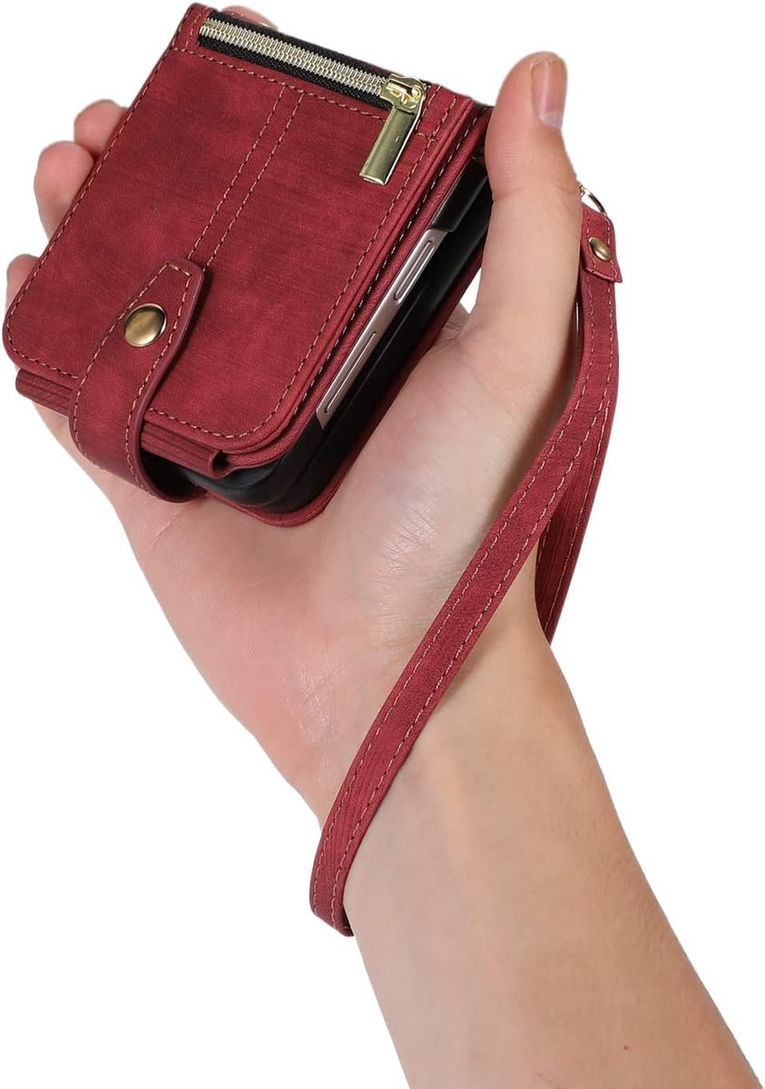 Hoes voor Samsung Z Flip 7 FE/Z Flip 6/Z Flip 5 5G, 3 kaartvakken, lederen portemonnee, flip wallet case met handlus, standfunctie, ritssluiting, telefoonhoes met magneetsluiting, retro