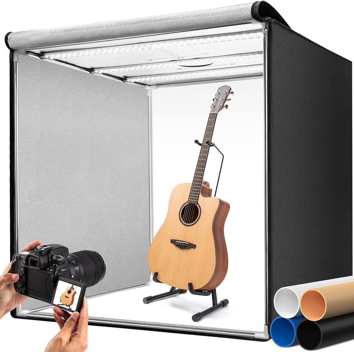 Fotobox 100 cm (40 inch), professionele opvouwbare fotostudioset met 3 verstelbare ledpanelen en 5600 K traploos dimbaar, 4 matte PP backdrops, lichttent voor grote productfotografie