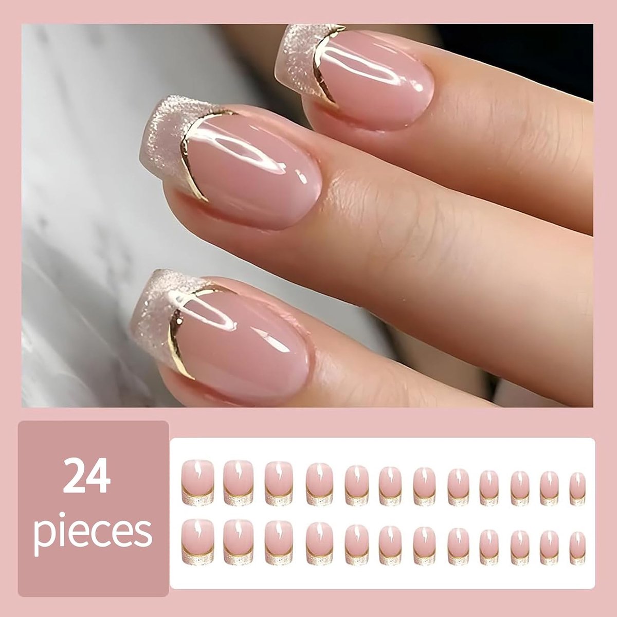 Kurze Vierkante Press On Nagels, Cat Eyes Franse Tip Ombre Nepnagels Met Gouden Lijnen, Glanzend Gel Acryl, Volledig Dekking Lijm, Zomer Glitter Stick, 24 Stuks