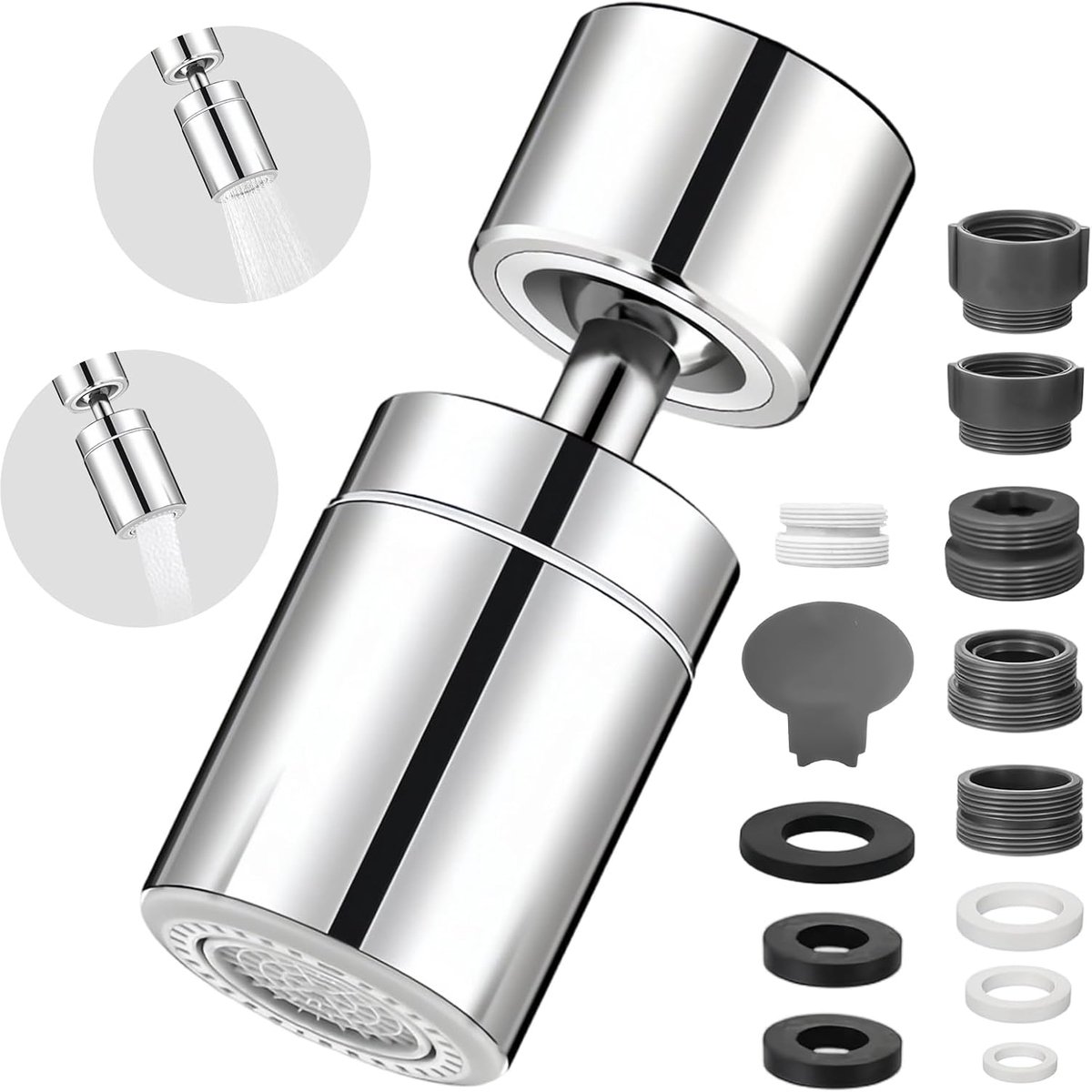 360° draaibare straalregelaar M22 kraanopzetstuk met twee straalsoorten, voor keuken- en badkamerkranen, met adapter voor M22/M20/M24/F20/G1/2, zilver