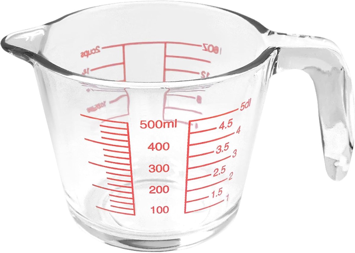 SnelShoppen - Glass Measuring Cup 500ml met Handvat en Tuit, Warmtebestendig Borosilicaatglas Maatbeker met Meetverdeling in ml, oz en Cups, Vaatwasse