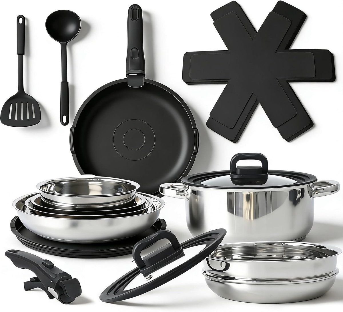 SnelShoppen - Citybee Pannenset 17-delig met afneembare handgreep, antiaanbaklaag, deksels voor alle warmtebronnen, ovenvast kookgerei voor keuken en