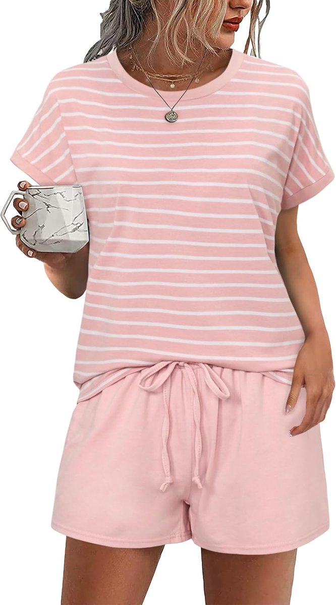 Korte damespyjama voor de zomer, van katoen, pyjamaset, gestreepte T-shirts en korte broek, met zakken en trekkoord, zacht en comfortabel