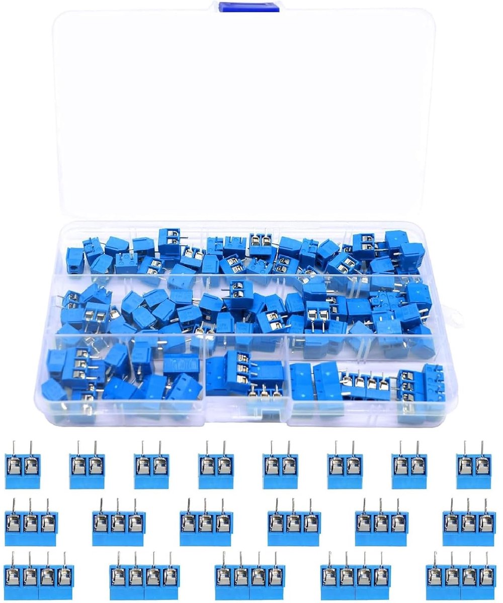 100 stuks PCB-installatieschroefterminal blok, Schroefconnector 5 mm 2-polig/3-polig/4-polig terminalconnector voor Arduino DIY circuitboard DuPont draad, Kleur Blauw