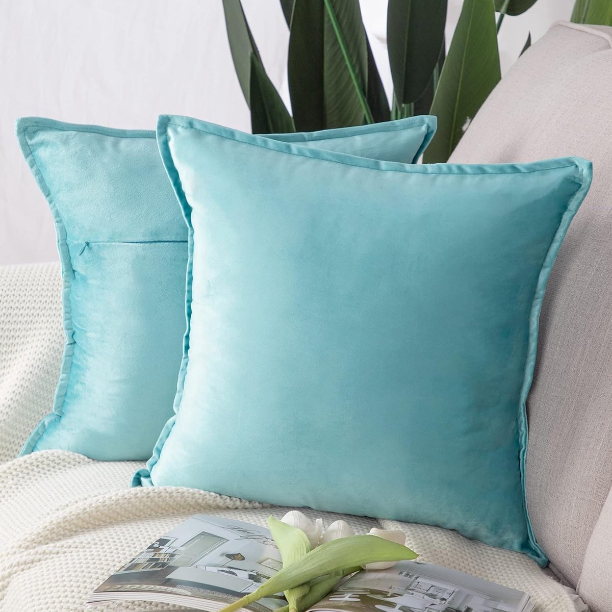 SnelShoppen - Set van 2 Super Zachte Velvet Decoratieve Kussenhoezen met Franje Luxe Stijl Kussenhoes voor Bank Slaapkamer 45x45cm Aqua