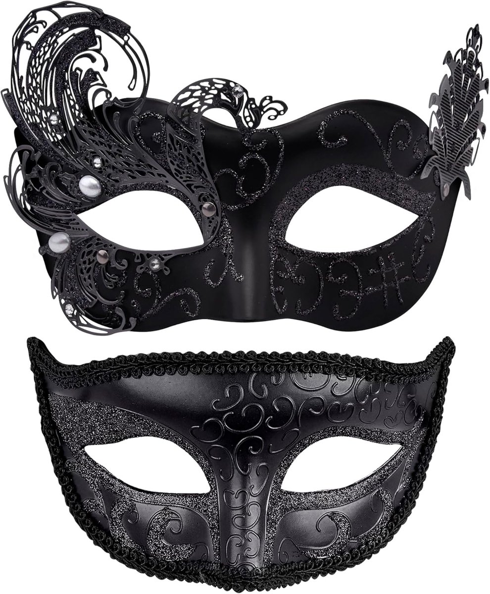 Venetiaans masker, Venetiaans masker, 2 stuks, voor dames en heren, voor Halloween, carnaval, party, zwart