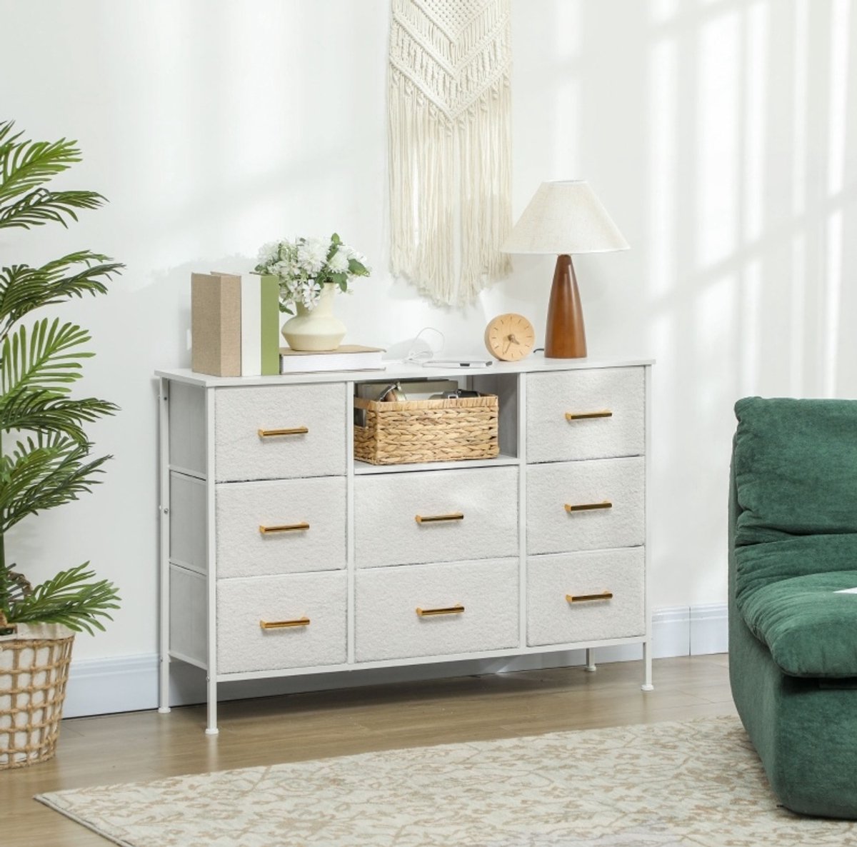 COVREO Kommode 110 x 30 x 76 cm cream white, polyester met 8 lades