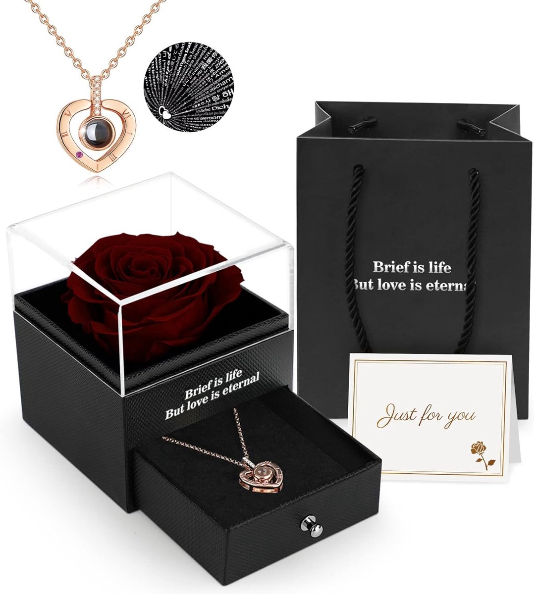 Geconserveerde Echte Roos,Geschenkdoos Met ik Hou Van Je Ketting, Handgemaakte EeuwigeEchte Roos Bloem Cadeau Voor Haar Vrouw Vriendin Moeder Op Verjaardag,Jubileum,Valentijnsdag, Moederdag,Kerstmis