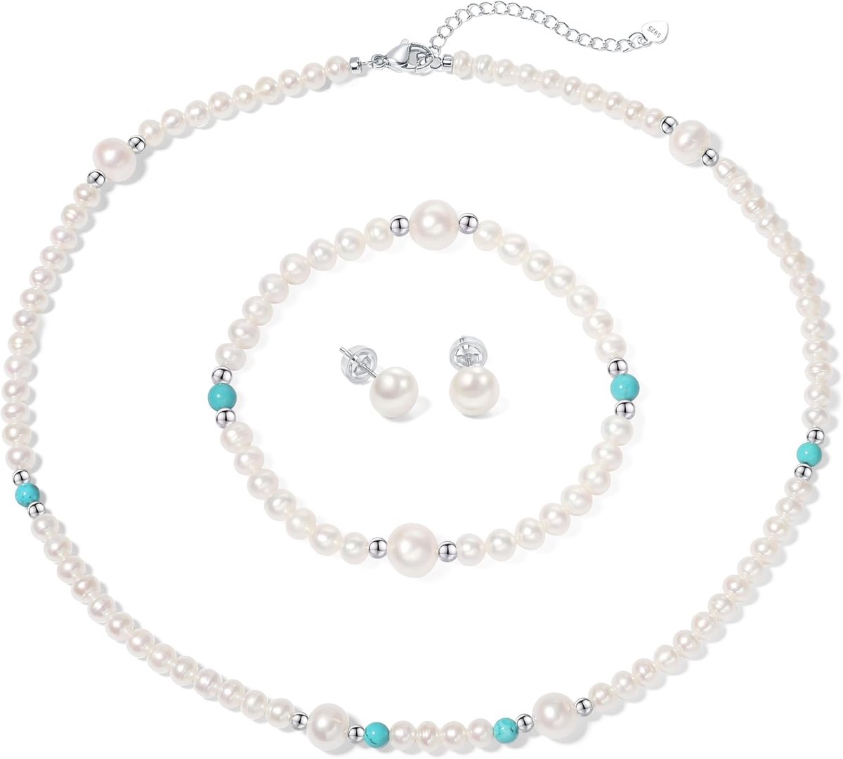 Parelketting set dames zilver (halsketting + armband + oorbellen), 5-6 mm zoetwaterparelketting, pareloorbellen zilver 925, parelarmband damessieraden voor elke gelegenheid
