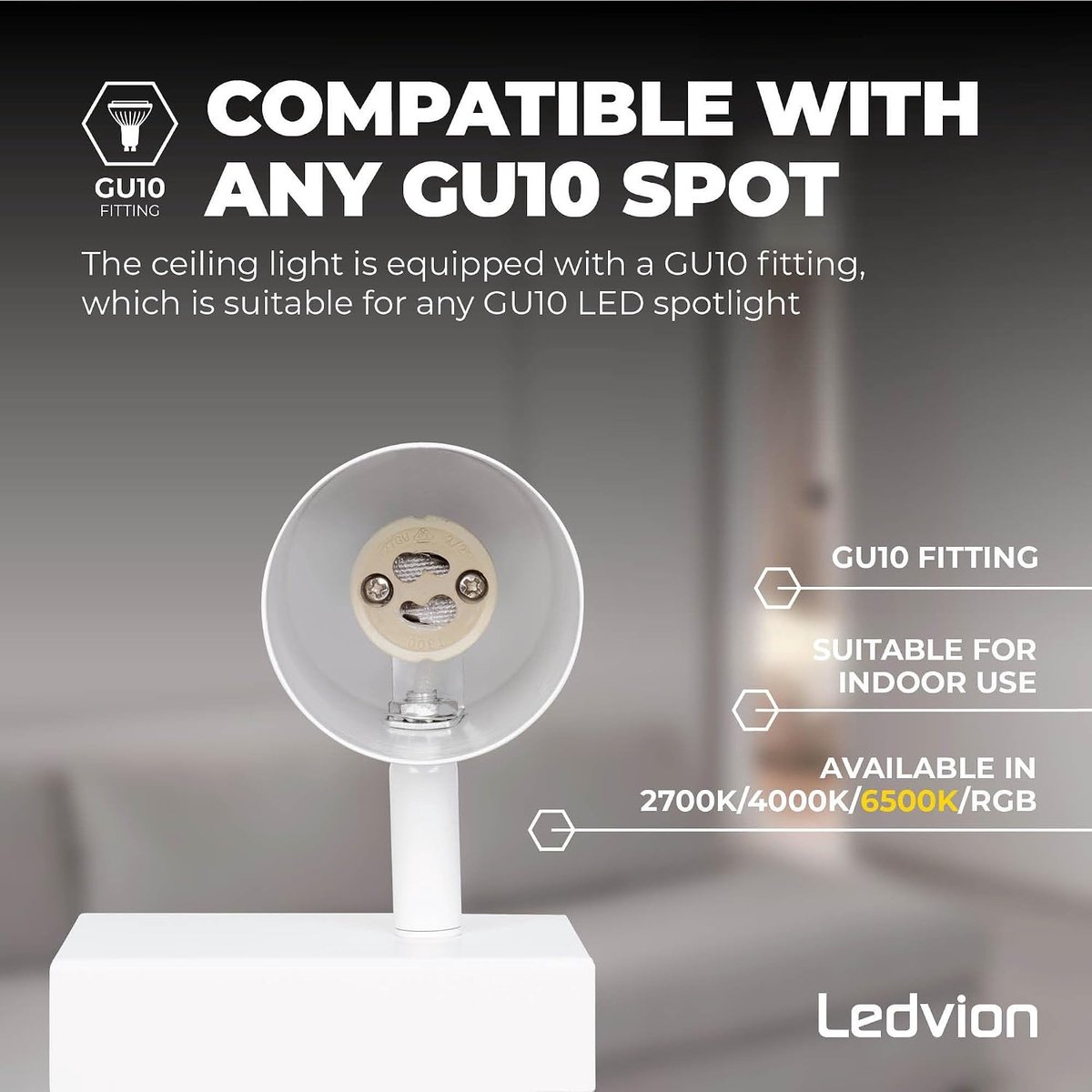 - LED Plafondspot, Wit 4-lichts, Dimbaar, 5W, 6500K, Rechthoekig, GU10 fitting, IP20, kantelbaar, incl. GU10 lamp