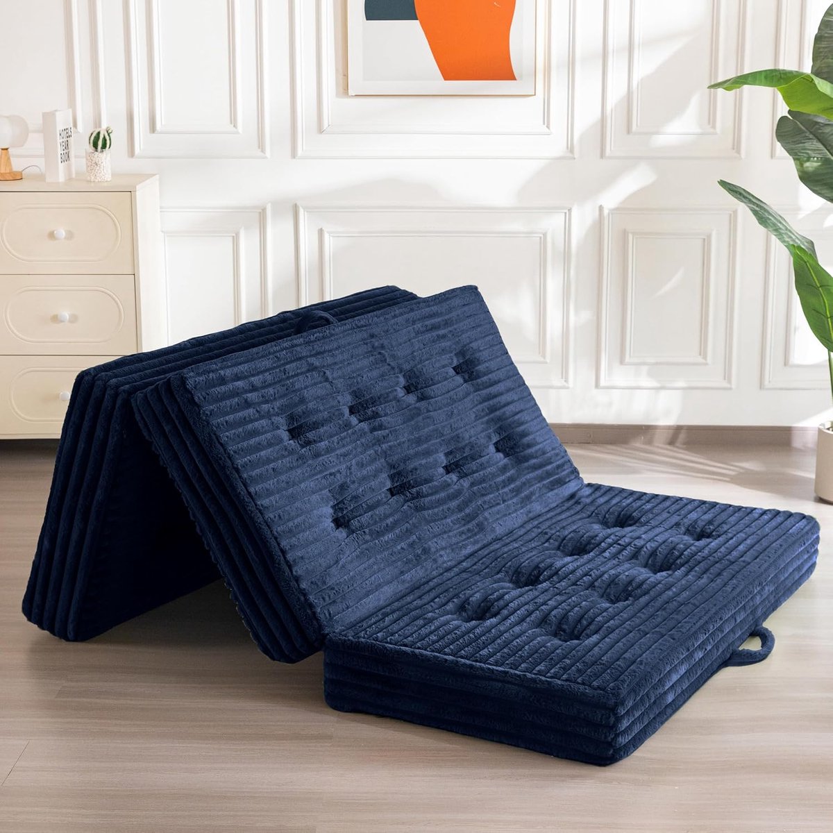 Opvouwbaar matras 190 * 90 cm, 15 cm gestoffeerd opvouwbaar matras met premium imitatiebont, drievoudig opvouwbare futon slaapbank voor woonkamer/logeerkamer