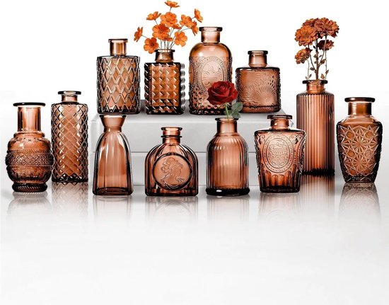 Solidchoice - Set van 12 Kleine Glazen Vazen - Vintage Stijl Amber