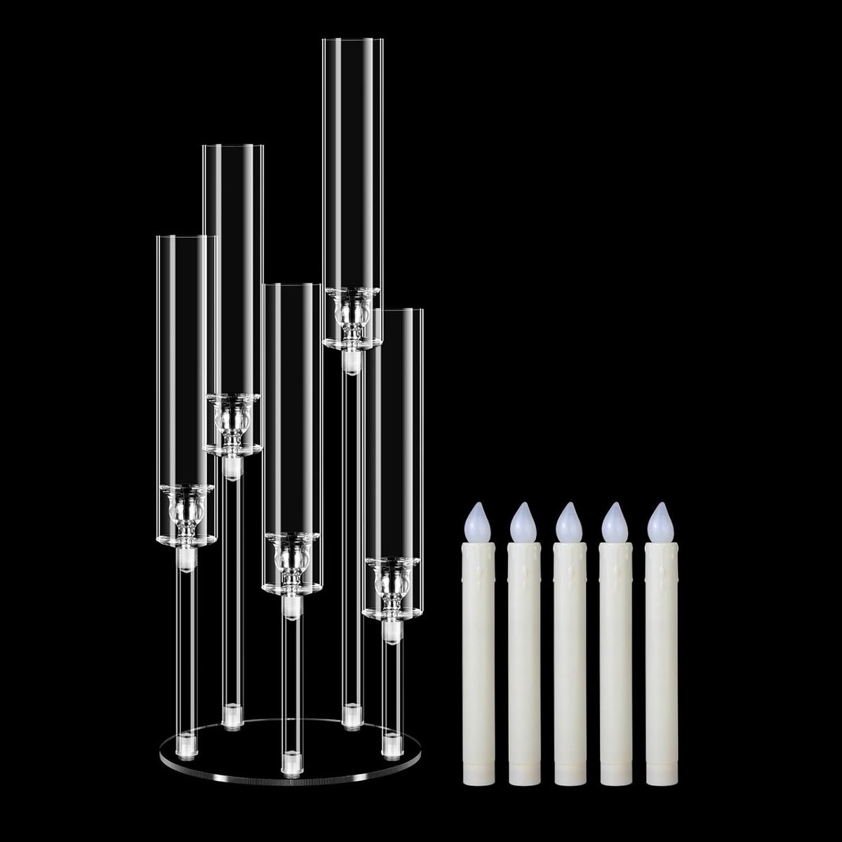 5-Armige Acrylic Kandelaar 58 cm Met LED Kaarsen | Kristalheldere Kaarsenstandaard voor Bruiloft, Kersttafel, Feestdecoratie en Romantische Diner