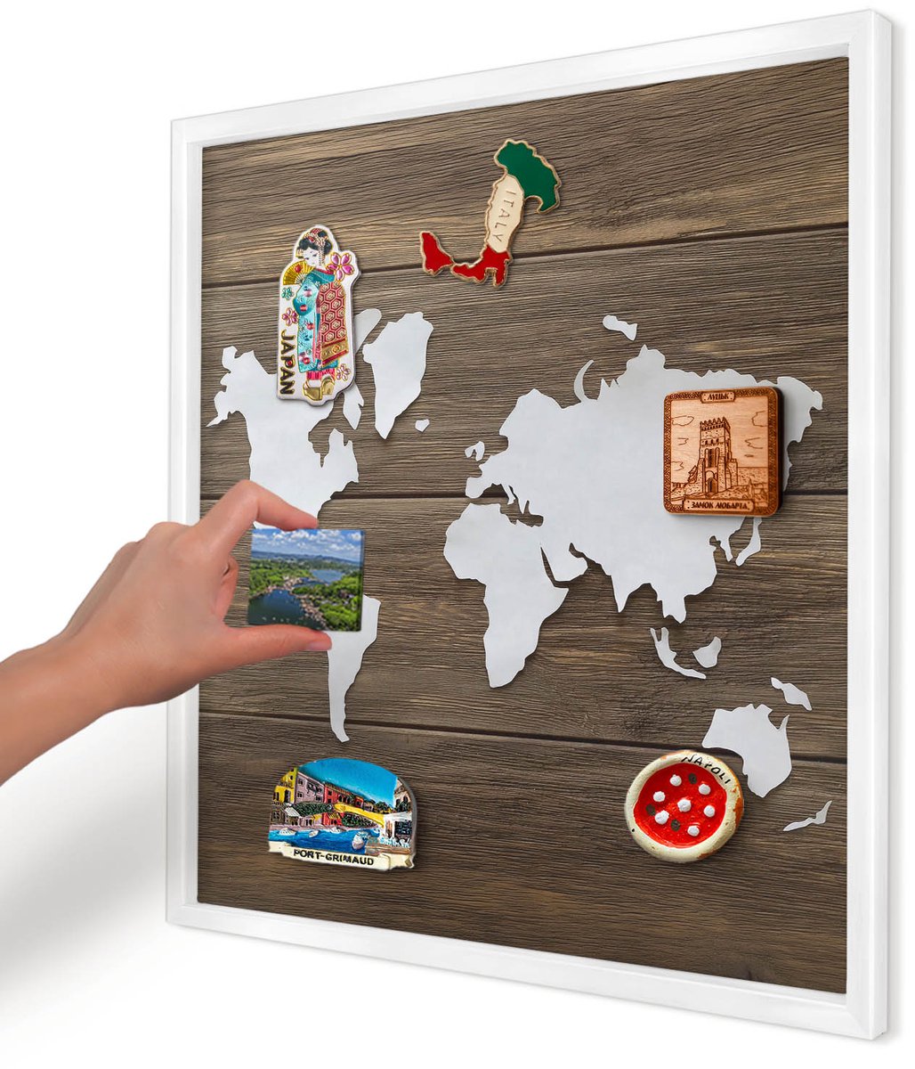 Artprintcave Bruin Magneetbord mit Witte Lijst - 50x50 cm - Houten Kaart Magnetisch Bord - Minimalist Memobord Keuken - Kaarten