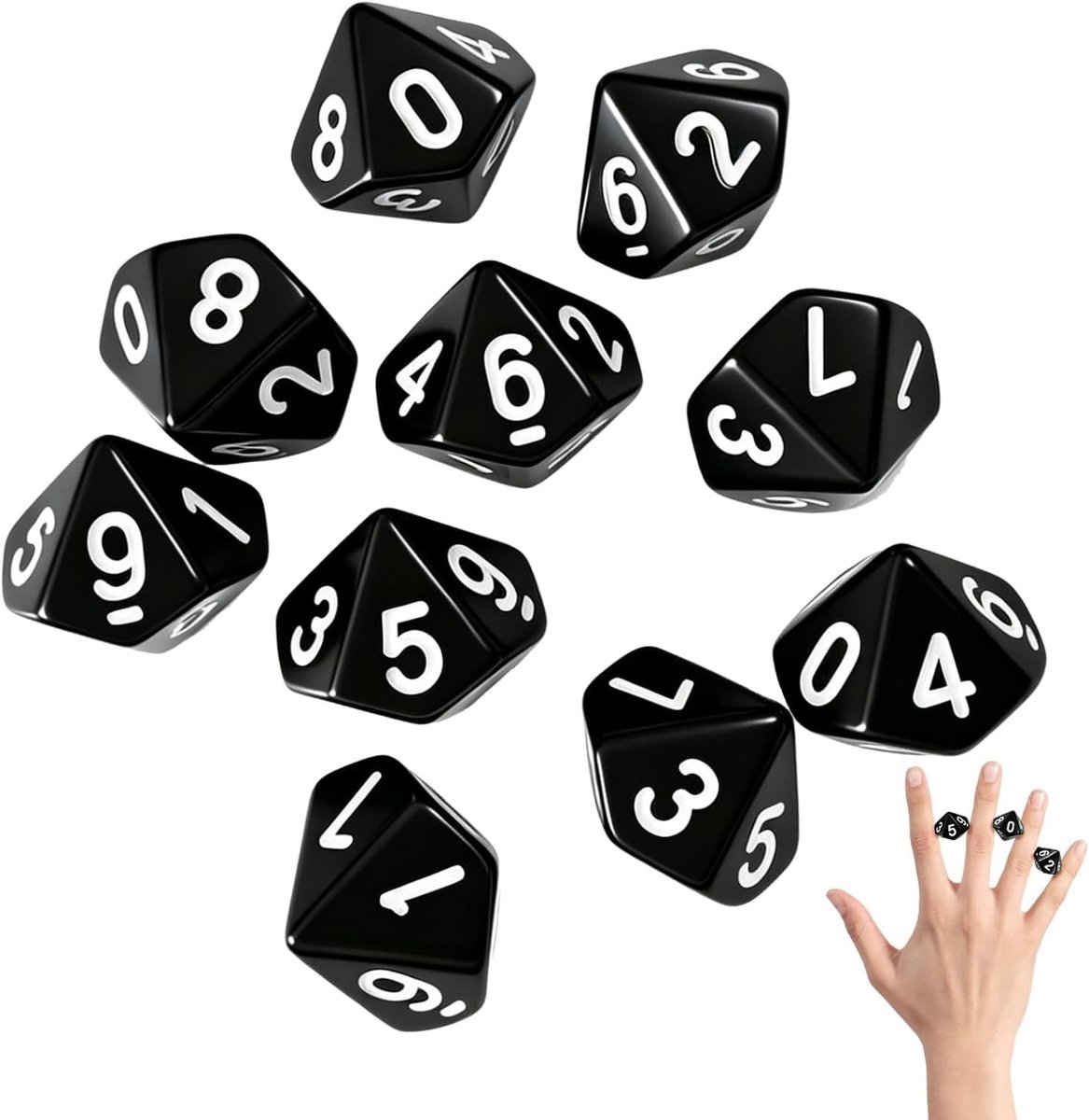 Set van 10 zwarte D10 polyederdobbelstenen van 16 mm – robuuste acrylset voor D&D, MTG, Pathfinder en andere rollenspellen