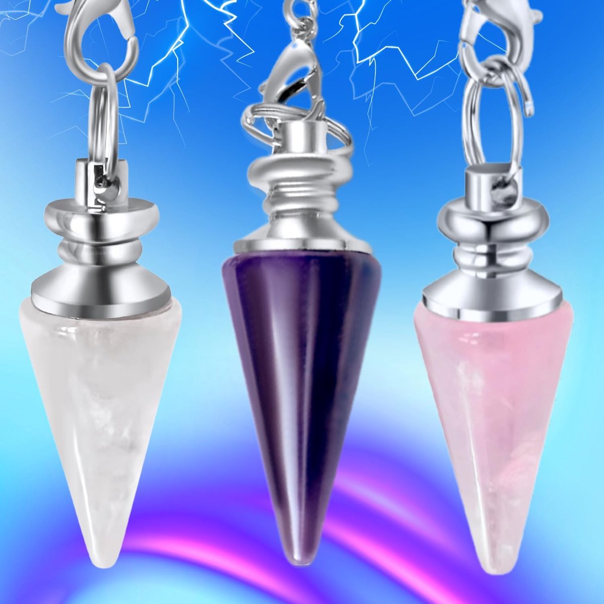 X3 van bergkristal, amethist en kwart roze in kegelvorm, radiaesthesie-slinger van natuursteen - 3 stuks