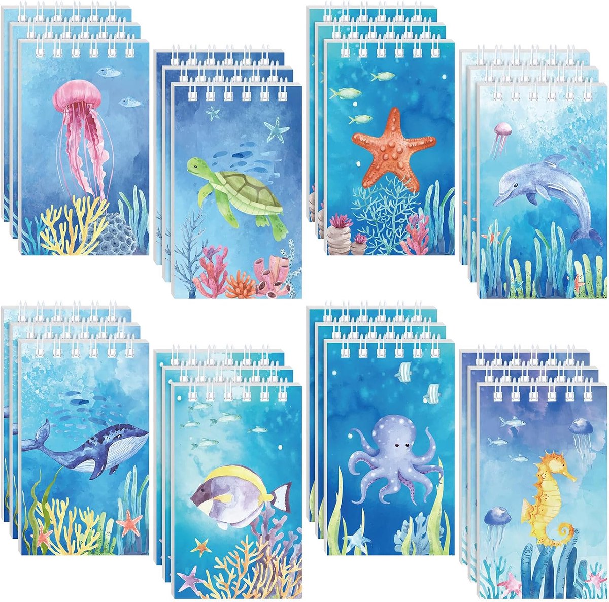 Set van 24 mini-oceanen, notitieboeken, kinderen, notitieboeken, onder zee, party, cadeauset, zeedieren, spiraaltassen, notitieblokken, onderwaterwereld, notitieboeken voor klaslokaal, beloningen,