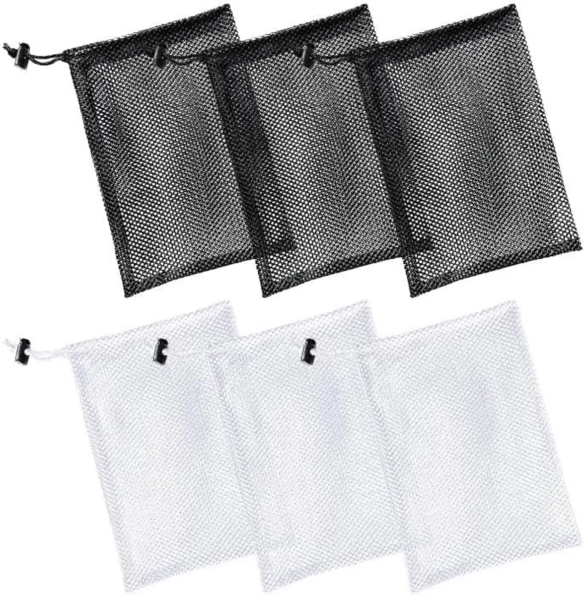 6 stuks kleine mesh waszakken met koordslot - trekkoordzakken (3 zwart, 3 wit)