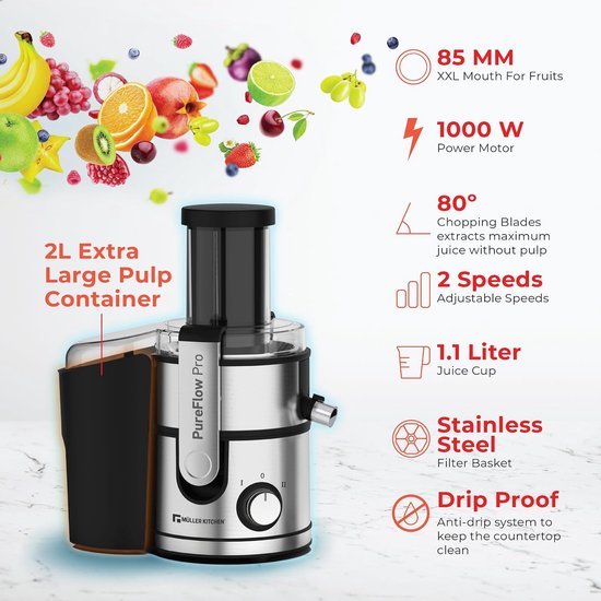 SnelShoppen - Fruit- en Groentensapcentrifuge 1000 W RVS Extra Grote 85 mm Inlaatopening, 2 Snelheden, Antislip Rubber Voeten, Keukenaccessoire — afbeelding 2
